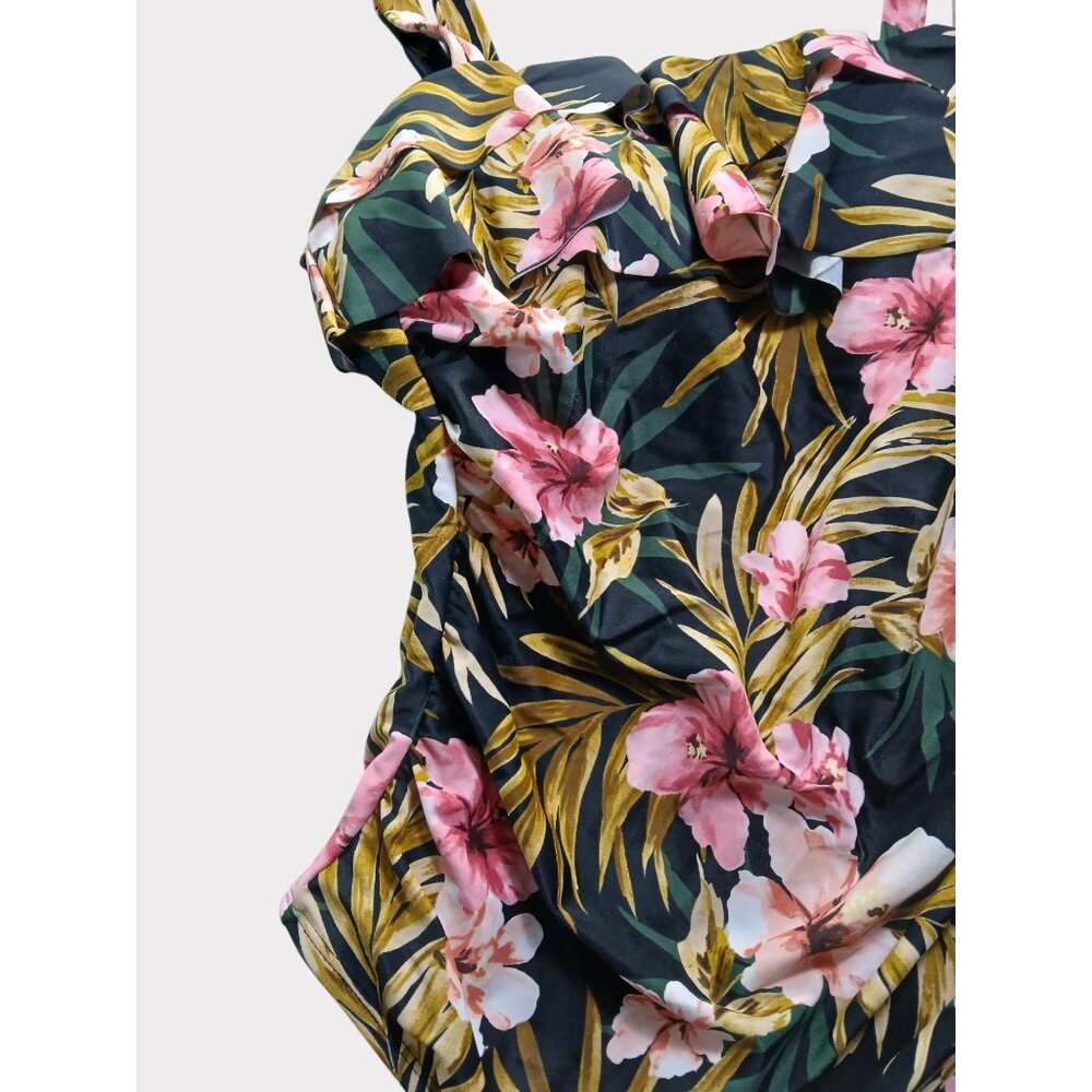 Kona Sol 16W Black Green Pink Floral Ruffle Front One Piece Swimsuit 16W Plus - Picture 8 of 13
